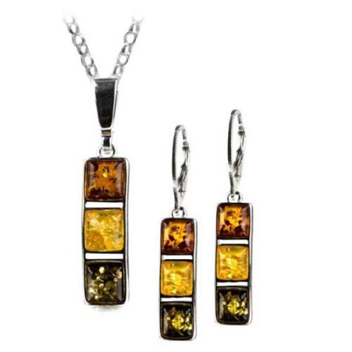 Sterling Silver Multicolor Amber Square Leverback Earrings Necklace Set 18 Inches
