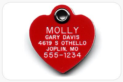 Dog names tag Pet ID Tag - Heart - Custom engraved cat and dog ID tags. Pet safety tag has reflective coating and is available in plastic, stainless steel and brass.
