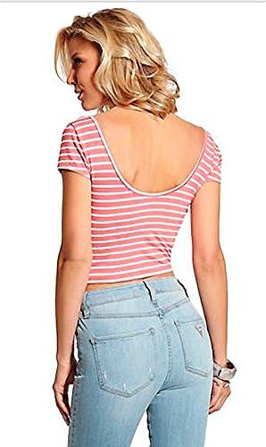 Guess Womens Juniors Pink Striped Stretch T Shirt Crop Top, Large