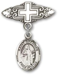 Sterling Silver Baby Badge with St. Brendan the Navigator Charm and Badge Pin with Cross