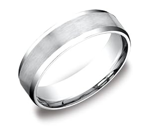 Men's Platinum Flat Comfort-Fit Wedding Band with Satin Center and High-Polish Beveled Edges (6 mm), Size 9.5