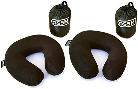 OSSM Premium Comfort Memory Foam Neck Pillow with Washable Velour Zipper Case and Sturdy Compact Carrying Bag for Travel, Relaxation, Neck Support, and Pain Relief - 2 Pack (Black)