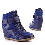 Damen Schuhe, STIEFELETTEN, KEIL WEDGES ANKLE BOOTS, KA-870, Synthetik in hochwertiger Leder Optik und Wild Leder Optik, Blau, Gr 39
