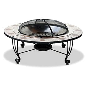 Decorative ceramic tile outdoor fireplace with stainless bowl