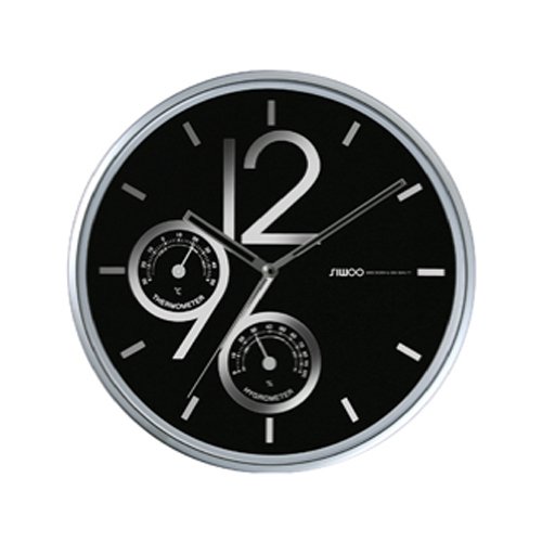 Non-Ticking Silent Wall Clock (Black) with Built in Thermometer [Celsius]/Hygrometer