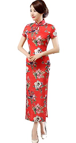 (海派物語)Shanghai Story 花柄 胸元オープン ロング丈 チャイナドレス（レディース、女性用）マキシ丈 パーティー ワンピース スリット ワンピ ドレス チャイナ服 中華着物