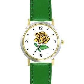Yellow Rose - Flower - WATCHBUDDY® DELUXE TWO-TONE THEME WATCH - Arabic Numbers - Green Leather Strap-Size-Large ( Men's Size or Jumbo Women's Size )
