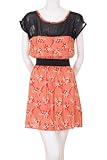 Noble U Bunch Flowers Print Top Netting Black Elastic Waist Short Sleeve Dress Orange