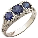 14kt White Gold Affluent Three Gemstone Created Blue Sapphire Fashion Ring