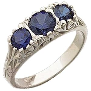 14Kt White Gold Affluent Three Gemstone Created Blue Sapphire Fashion Ring