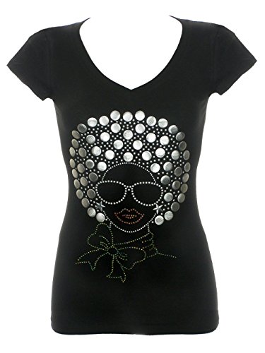 Women's Afro Hair Woman Rhinestone Bling V-Neck T-Shirts Black
