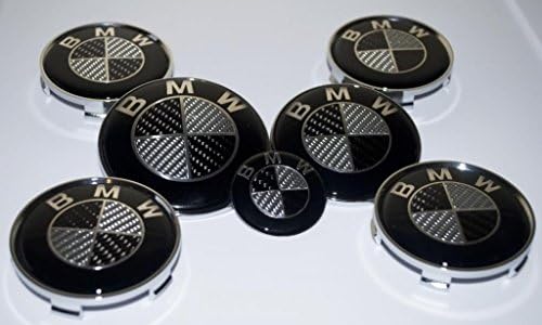 Weiling BMW Black Silver Carbon Fiber Emblem Badge Logo ,Hood Front 82mm 3.23 inch Trunk Rear 73mm 2.87 inch, 2 pins at the back, Steering Wheel Sticker 45mm 1.77 inch &amp; Wheel Center Hub Caps 4pcs