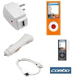 USB Data Cable + USB Car Charger + USB Home Travel Charger + Orange Rubber Silicone Skin Case + Clear Reusable LCD Screen Protector for Apple Ipod Nano Chromatic 8GB 16GB 4G 4th Generation