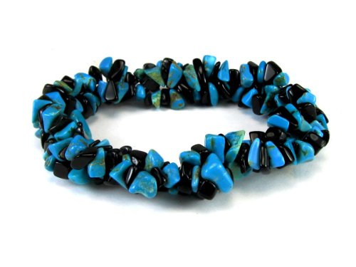 Turquoise and Black Obsidian Semi-Precious Gemstones Stretch Bracelet