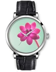 SPRAWL Aanalog Fashion Series Silver Ladies Watches of Genuine Black Leather Strap,Unique Wrist Watch for Women Girls Designed with Pink flower on green background