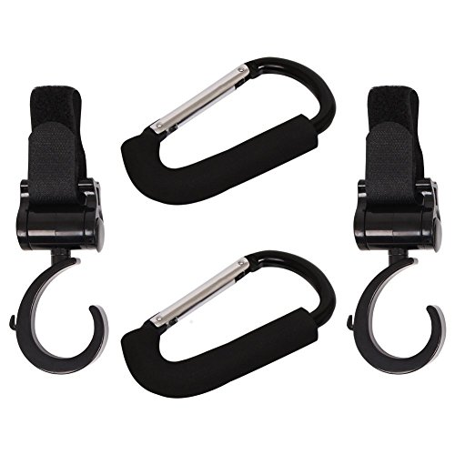 ilovebaby Hook Set for Baby Stroller 2 U Shape Hooks and 2 D Shape Hooks Easy to Install, Fit All Strollers Multi-Purpose Hanger for Baby Diaper Bags or Groceries-Solid, Pack of 4 Color Black