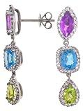 14K White Gold Three Stone Earrings - Amethyst, Blue Topaz, Peridot