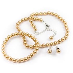 Champagne 6mm Glass Pearl Necklace, Bracelet and Earrings Set by Margot... by