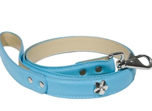 Designer Dog Leash - Leather Leash with Flower Studs - Blue - Four Feet Long