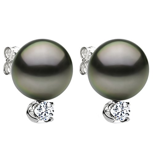 14K White Gold and Diamond with Black South Sea Tahitian Cultured Pearl Stud Earrings