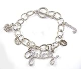 Juicy Inspired Multi Charm Bracelet with Crown, Crystals, Letter J and Dog Couture Toggle Bracelet in Silver