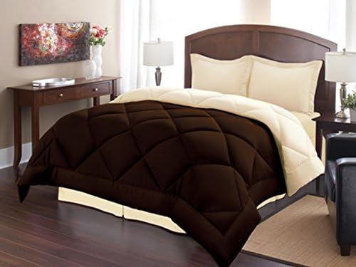 Reversible Polyester Microfiber Goose Down Alternative Comforter with 2 Pillow Shams 3 Piece Set Full/queen Chocolate/cream