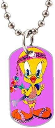 Tweety Bird Custom Photo Oval Dog Tag Dimensions: 1.3 x 2.2 X 0.1 inches with 30" Aluminum Bead Chain