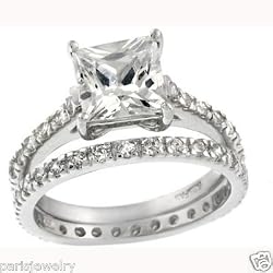ParisJewelry Sterling Silver Princess Diamond Bridal Engagement Ring