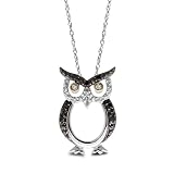 10k Two-Tone Gold Black, White and Champagne Diamond Owl Pendant (.10 cttw, I-J Color, I3 Clarity),...