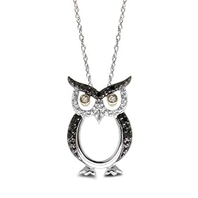 10k Two-Tone Gold Black, White & Champagne Diamond Owl Pendant (.10 cttw, I-J Color, I3 Clarity), 18