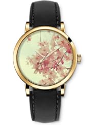 SPRAWL Aanalog Fashion Series Gold Ladies Watches of Genuine Black Leather Strap,Unique Wrist Watch for Women Girls Designed with Peach Tree