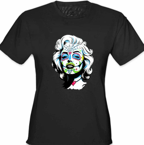 Marilyn Monroe Sugar Skull Face Girl's T-Shirt #1503 (Womens Full Cut Medium, Black)