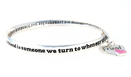 Bracelet - B150 - Bangle Style Friend Prayer ~ A Friend is Someone We Turn To When Our Spirits Need a Lift. A Friend is Someone We Treasure For Our Friendship is a Gift. A Friend is Someone Who Fills Our Lives With Beauty, Joy, etc..... + Heart Charm ~ Silver Tone Metal