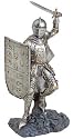 Knight in Armor Statue - Wielding Sword in Battle Ready Pose and Carrying Shield Adorned with Fleur de Lis and Griffyn Symbols