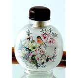 Hand-Painted Crystal Reverse Painting Collectible Snuff Bottle, Birds & Floral Scene, Decorative Silk Box - SALE