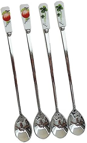 7.7 inch Long Handle Ice Tea Spoon Clover &amp; Fruit Stainless Steel Tea Spoon Coffee Spoon Korean Set of 4