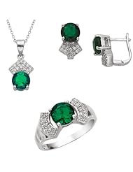 Created Emerald and Diamond Jewelry Set in Sterling Silver Includes Matching Ring, Earring and 18 Inch Pendant Necklace
