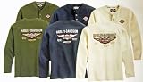 Harley-Davidson® Men's Long-Sleeve Henley Shirt. Waffle knit. Embroidery. Three colors, Black, Olive Green, or Off-White. 99052-09VM