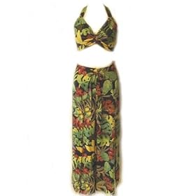 Heliconia Hawaiian Print Tropical Halter Wrap Top and Sarong Pants Set