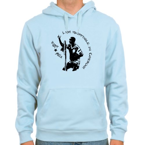 Kapuzensweater Roger Milla, Kamerun ::: Farbauswahl: skyblue oder weiß ::: Größen: M-XL ::: Fußball-Kult