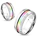 Jinique STR-0412 Stainless Steel Dome Rainbow Center Inlay Couple Ring; Sold as 1 Piece