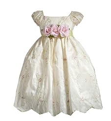 Girls Embroidered Square Neck Puff Sleeves Flower-Girl Dress  With a Sash 
