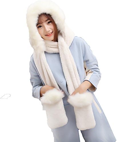 Ysiop Women Soft Plush Scarf and Faux Fur Hat Gloves 3 in 1 Set for Winter Beige