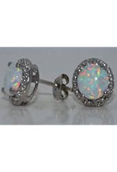 Simulated Opal & Diamond Round Stud Earrings .925 Sterling Silver Rhodium Finish
