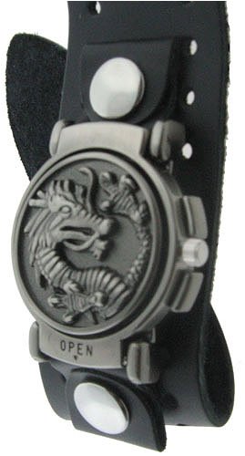 Dragon Black Leather Wide Band Trendy Fashion Design Iron Reversible White Dial Gothic Punk Biker Wristband Watch