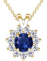 18K Yellow Gold Round Cut Blue Sapphire And Round Diamond Pendant (GIA Certificate)