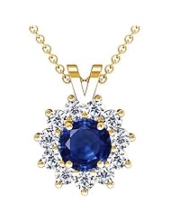 14K Yellow Gold Round Cut Blue Sapphire And Round Diamond Pendant (GIA Certificate)