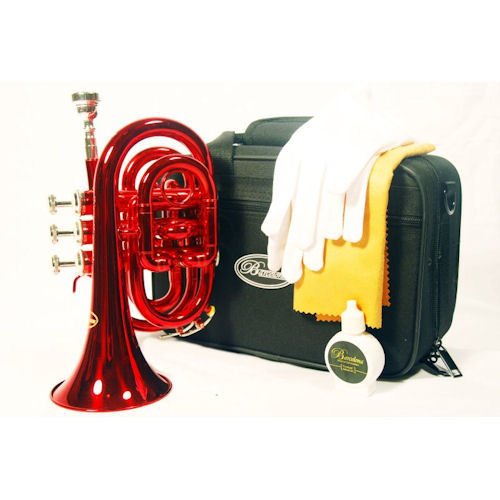 Barcelona B-Flat Pocket Trumpet with Case, Polishing Cloth, Gloves, and Valve Oil - Red
