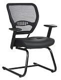 Air Grid Back Visitors Chair With Leather Seat, Fixed Angled Arms and Sled Base By Office Star
