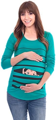 Peaberry Women's Cute Pregnancy Baby Peeking Graphic Top, Teal M